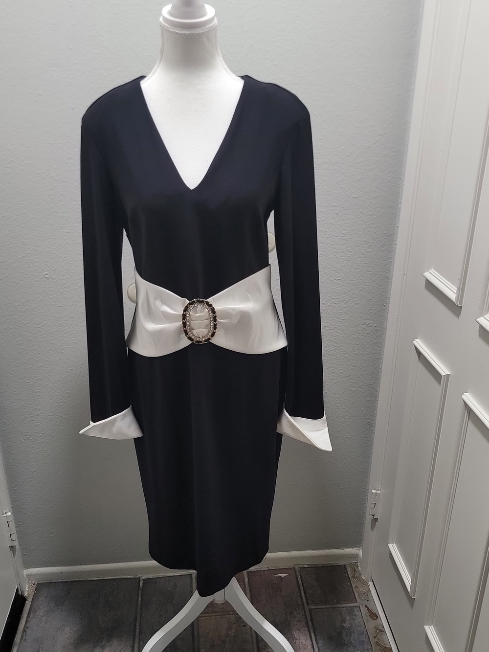 Joseph Ribkoff Signature Collection Black Dress with White Belt and Cuff Accents